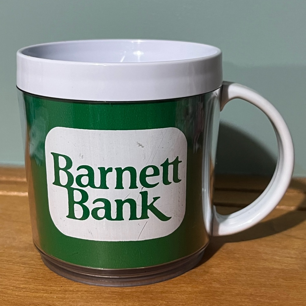 Vintage Barnett Plastic Bank Mug Cup Promotional Out of Business Rare Find